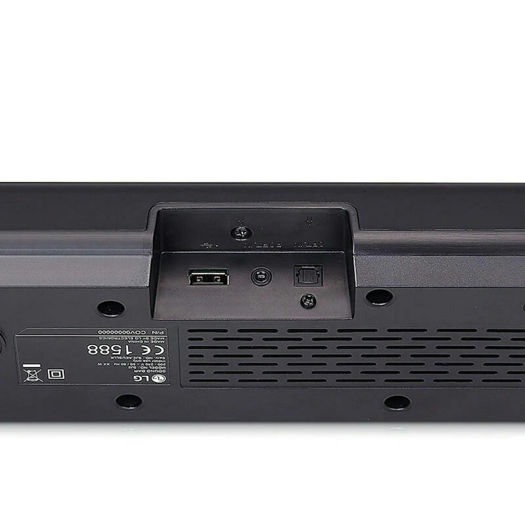 Parte trasera de la barra de sonido LG SQC1 con puertos de conexión