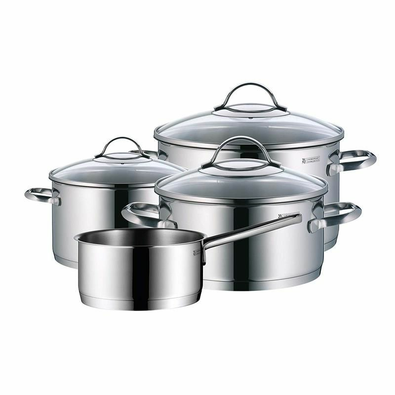 Batería de cocina WMF Provence Plus – Acero inoxidable 18/10, Base TransTherm inducción, 4 piezas con tapas de cristal