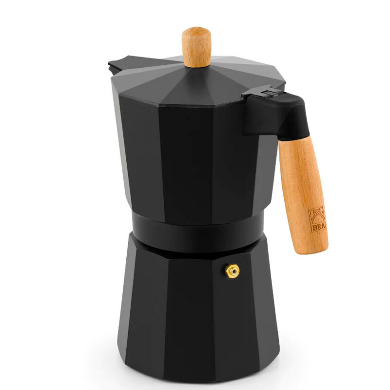 Cafetera italiana BRA Market – 9 tazas, fondo inducción, asa madera