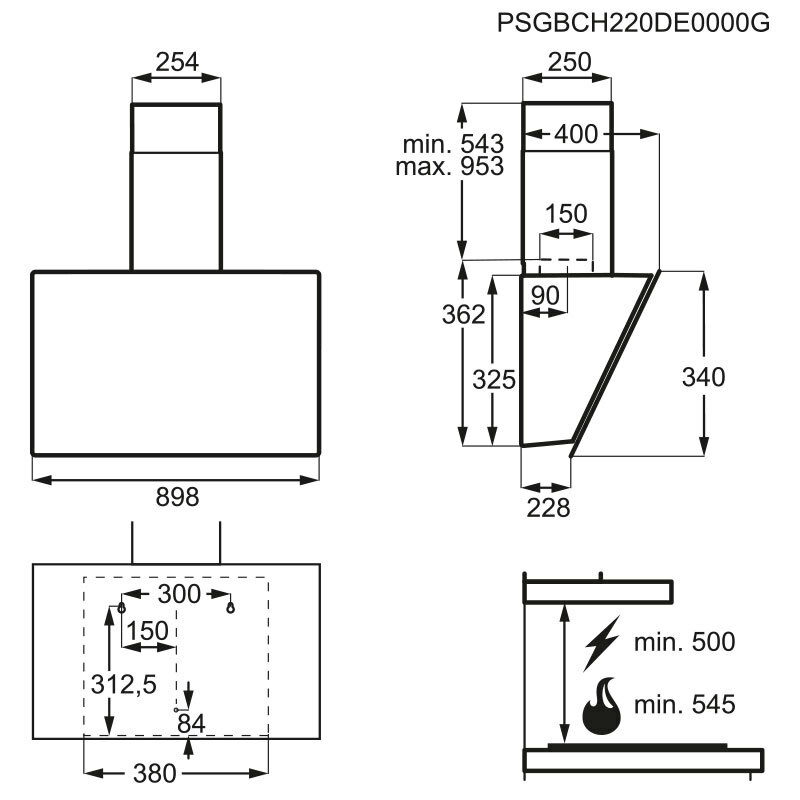 Campana extractora pared Electrolux LFV439K – 615 m³/h, Cristal negro inclinado, Controles táctiles Hob2Hood