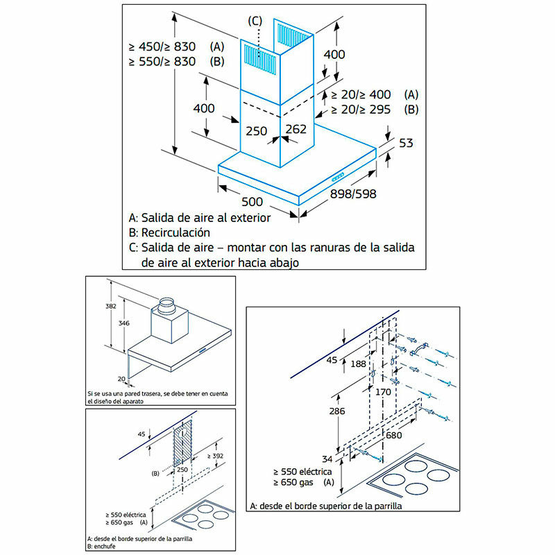 Campana decorativa de pared Balay 3BC095MX – 90 cm, 527 m³/h, Filtros lavables