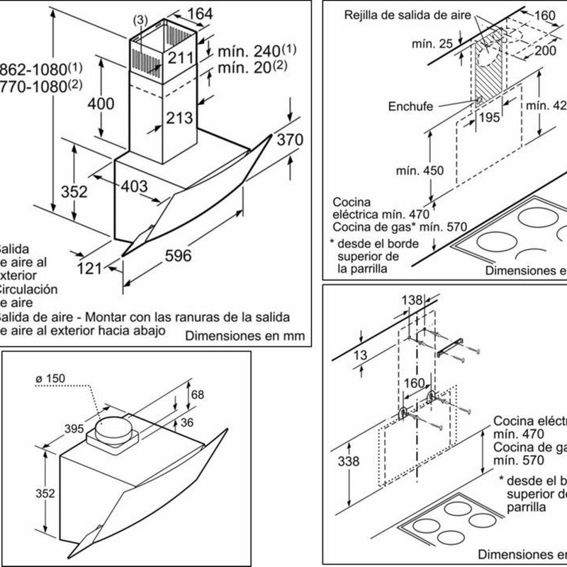 Campana decorativa de pared Balay 3BC565GN – Cristal negro, 593 m³/h, Control táctil