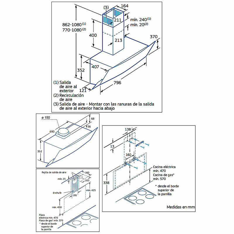 Campana decorativa de pared Balay 3BC585GB – 629 m³/h, Blanco 80 cm, Control táctil