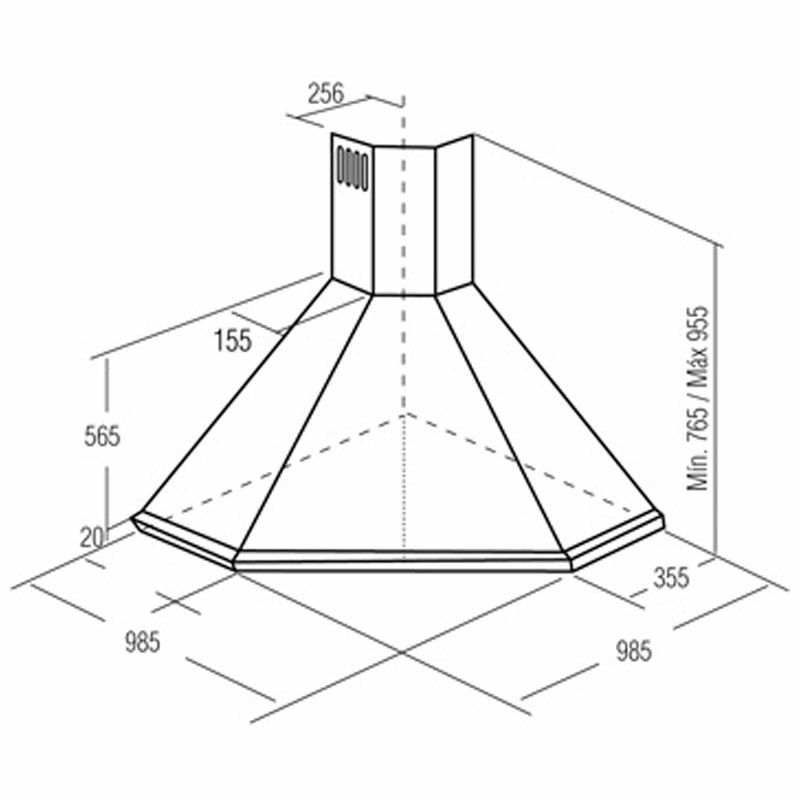 Campana de esquina Cata Angolo Box 1000 X – Clase A, 800 m³/h, Inox