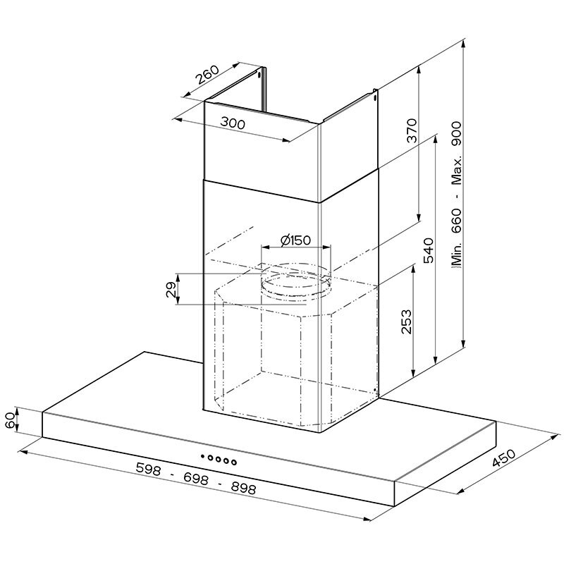 Campana decorativa de pared Mepamsa STILO NEO 70 X – 710 m³/h, Inox 70 cm, Filtros lavables