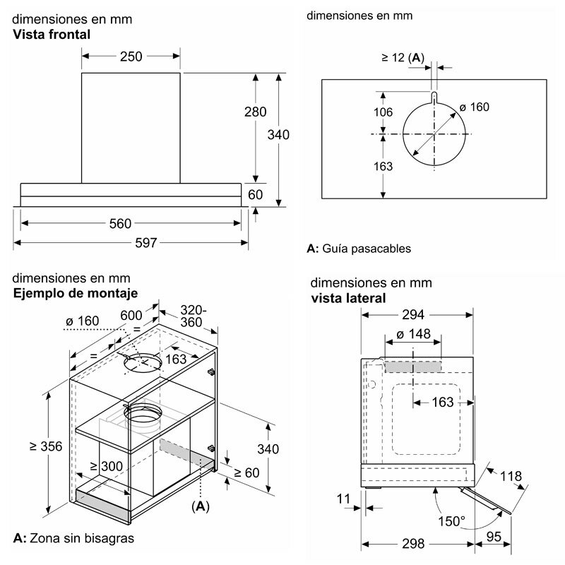 Campana integrable Siemens LJ67BAM60 – 60 cm, 749 m³/h, Cristal negro