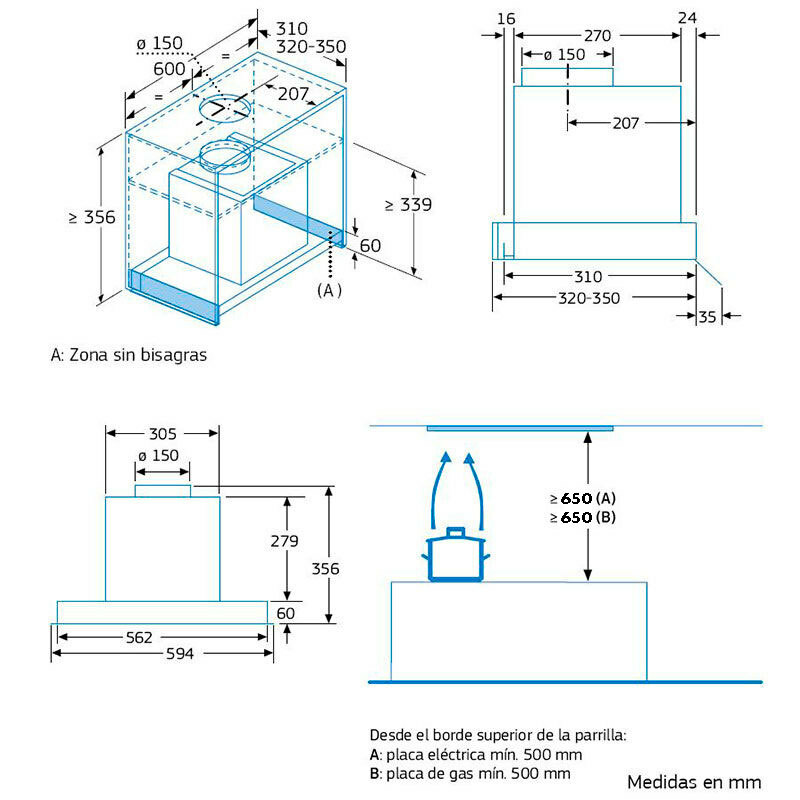 Campana integrable 60 cm Balay 3BD866MX – Bajo mueble, 620 m³/h, Clase A