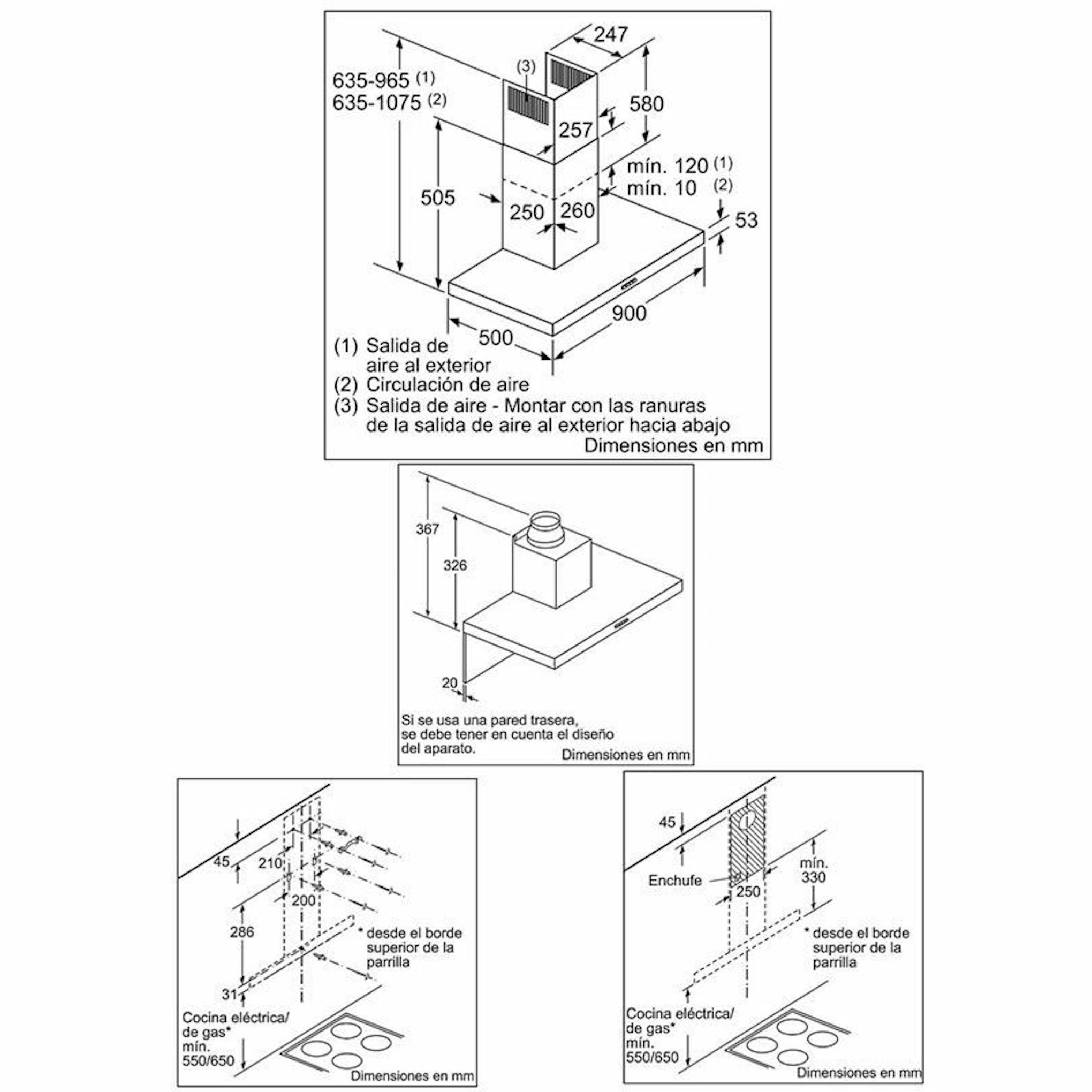 Bosch DWB97FM50 campana decorativa, esquema técnico de dimensiones e instalación
