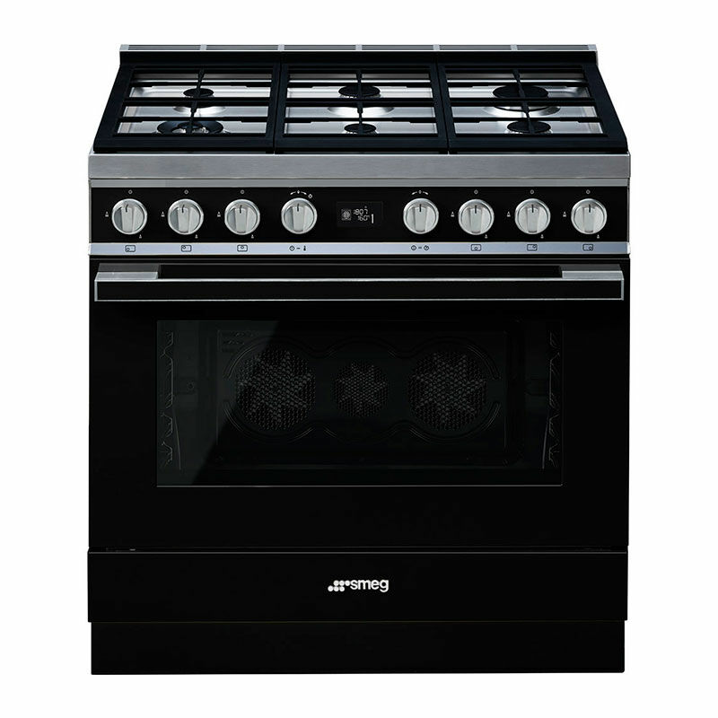 Cocina Smeg CPF9GPBL 90 cm – 6 quemadores, Horno pirolítico 115 L, Cristal negro