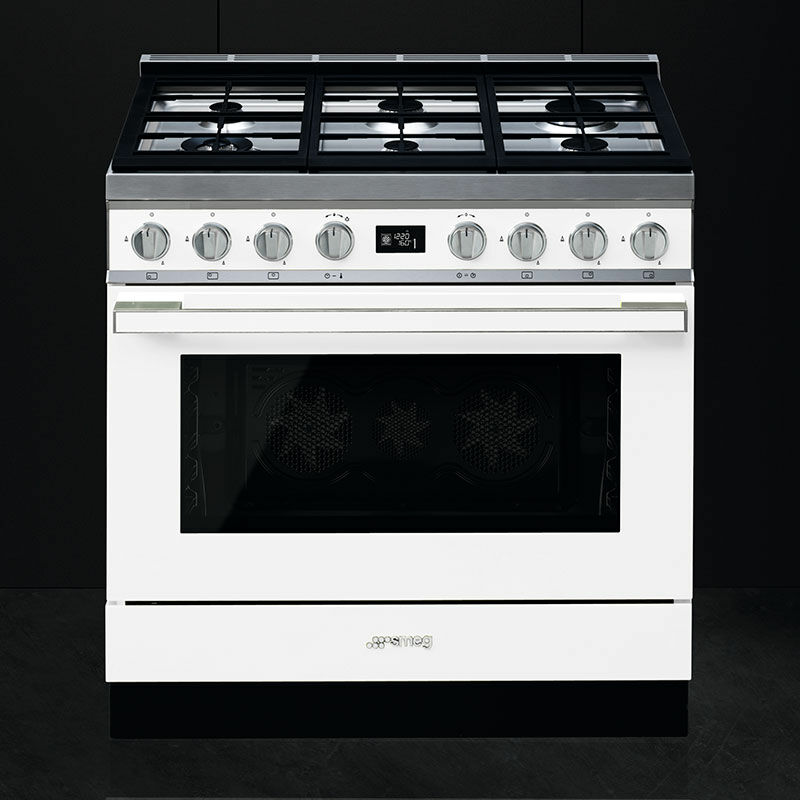 Cocina mixta Smeg CPF9GPWH – 6 quemadores, Horno 126 L pirolítico, Blanco esmaltado