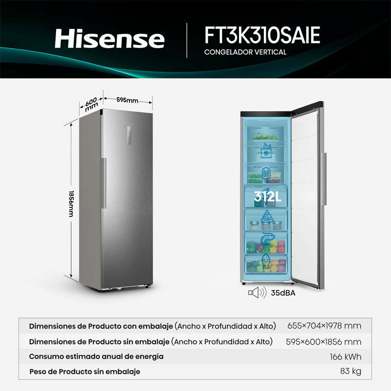 Congelador vertical Hisense FT3K310SAIE – 312 L, Total No Frost, Freezer Convert