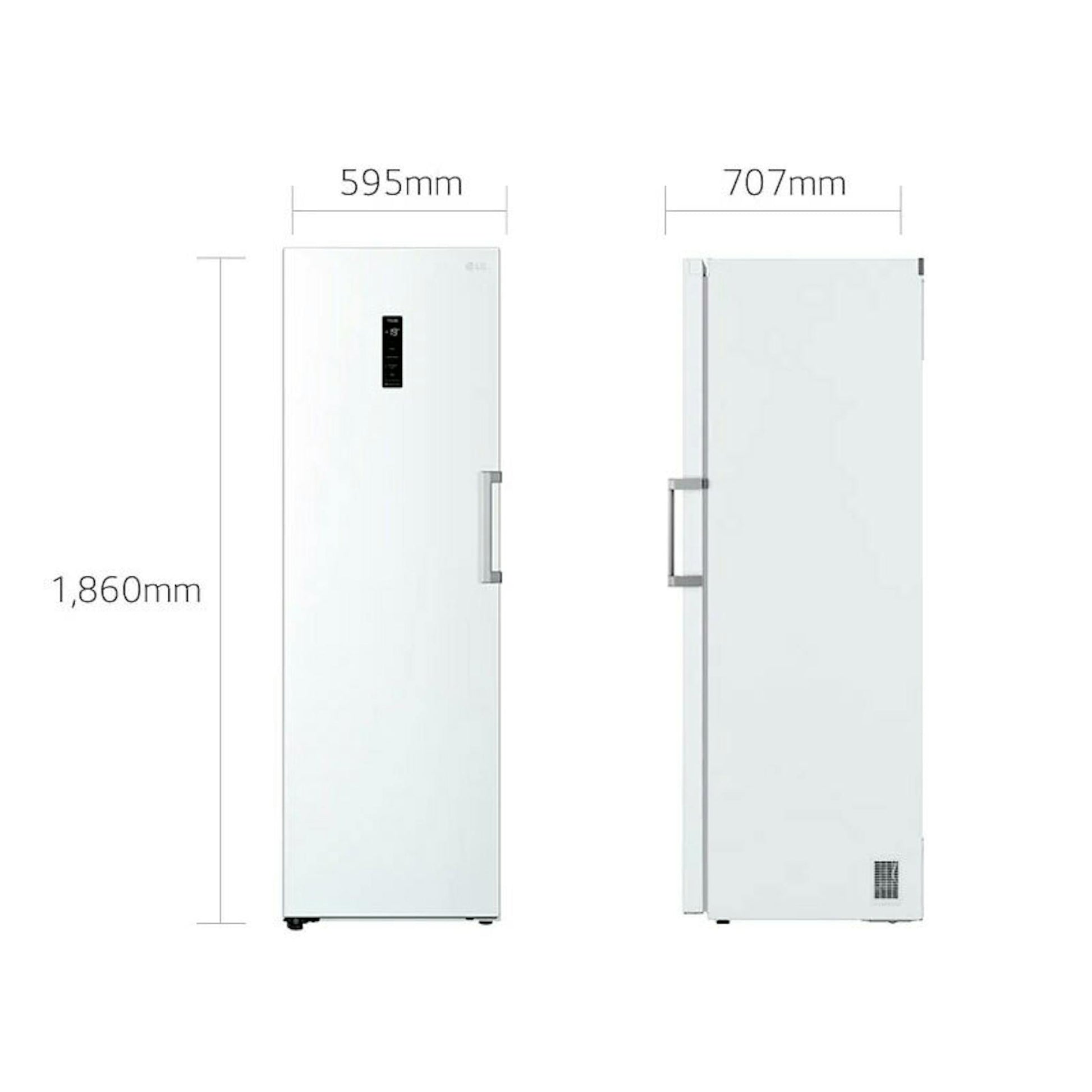 Congelador vertical LG GFT41SWGSZ blanco con vistas frontal y lateral