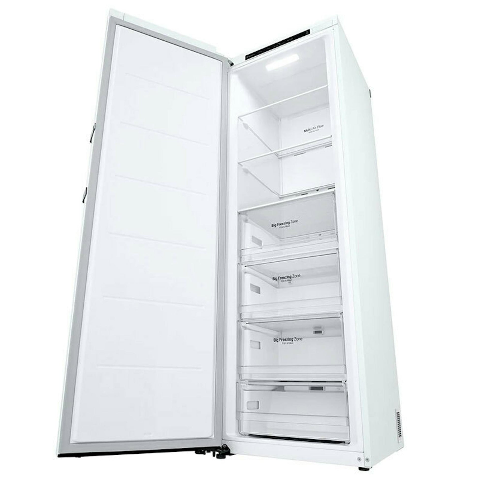 Congelador vertical LG GFT41SWGSZ abierto, con interior y cajones visibles