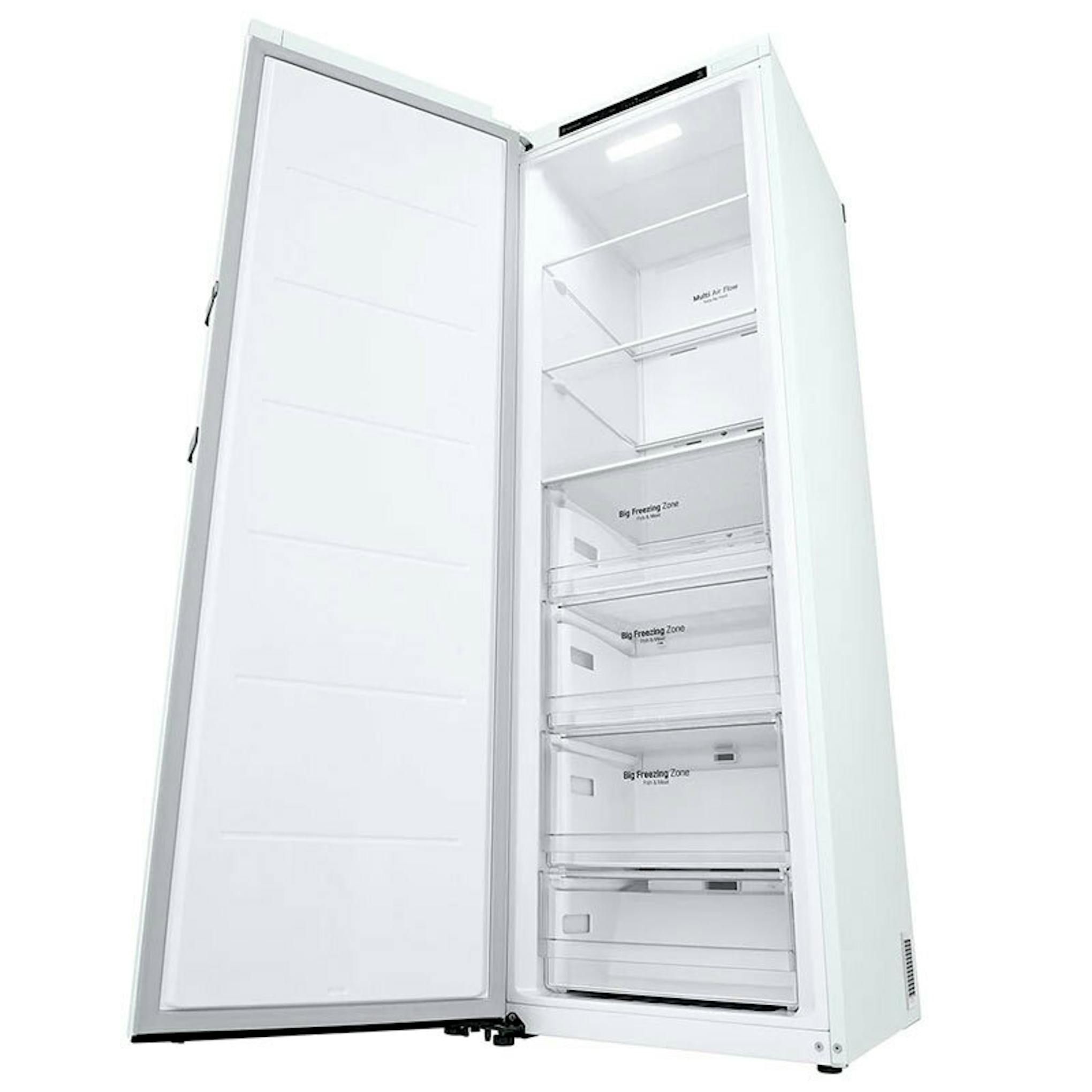 Congelador vertical LG GFT41SWGSZ abierto, con interior y cajones visibles