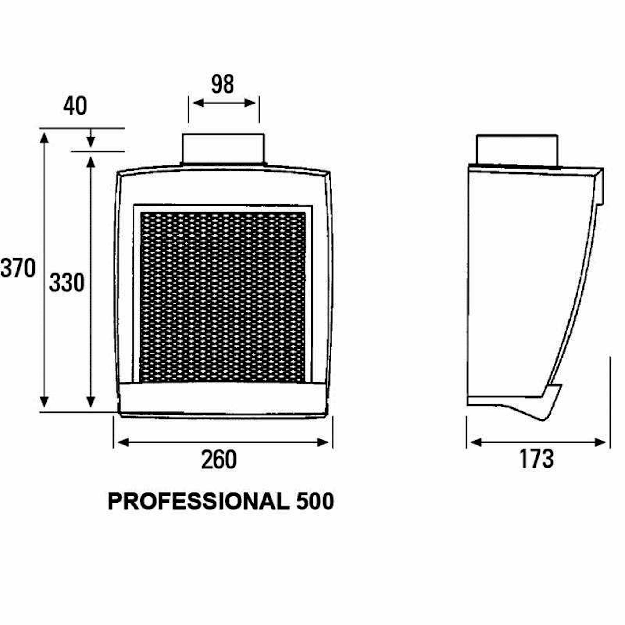 Dibujo técnico del extractor de cocina integrable Cata PROFESSIONAL 500 GW con vistas frontal y lateral y medidas