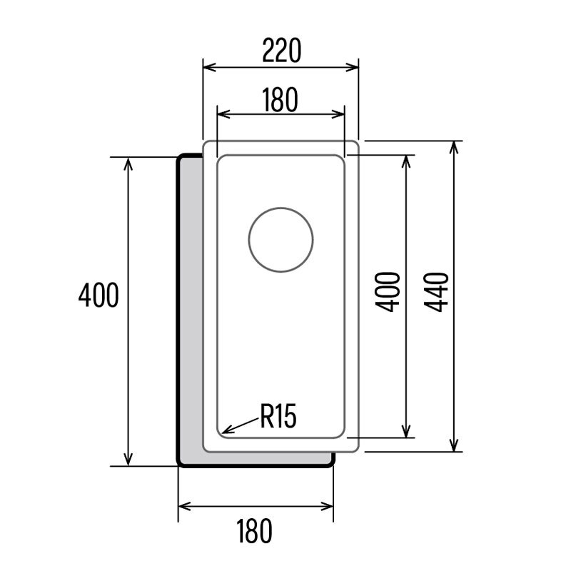 Fregadero bajo encimera Cata CB 18 40 R15 – 1 cubeta 18x40 cm, Profundidad 15 cm, Acero inoxidable cepillado