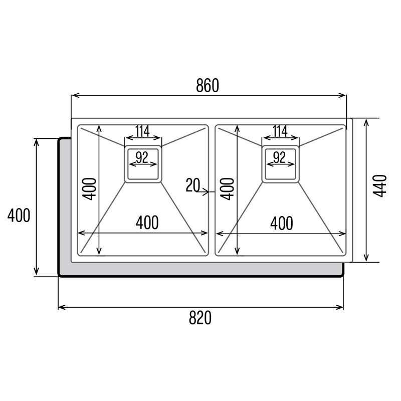Fregadero bajo encimera Cata CB-2 40-40 R10 X – 2 cubetas, Prof. 24 cm, Acero inox AISI 304