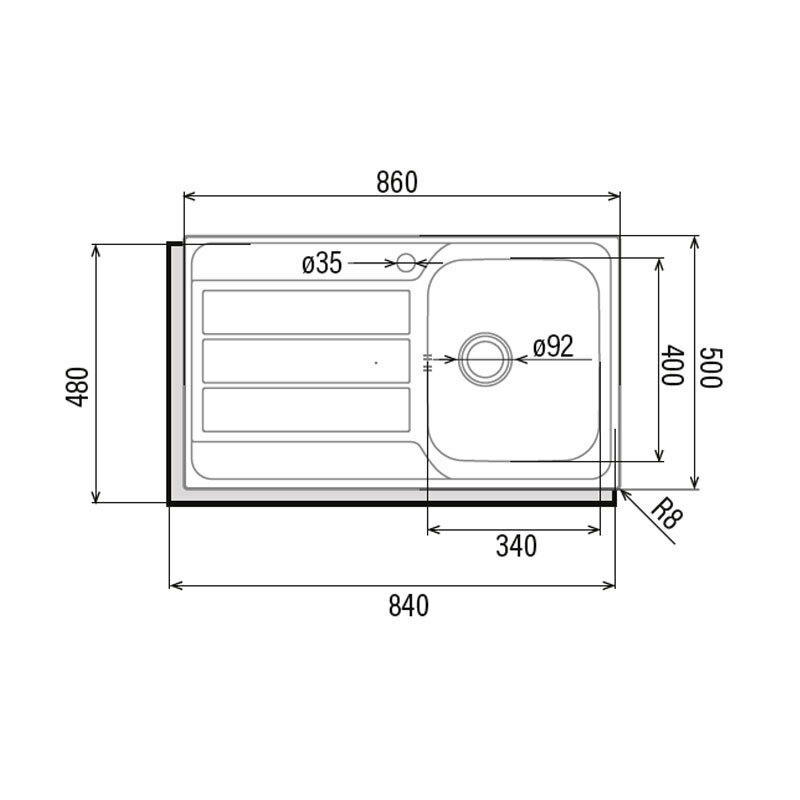 Fregadero Cata CDP-1 EI – 86×50 cm, 1 cubeta + escurridor izquierdo, Acero inoxidable AISI 304