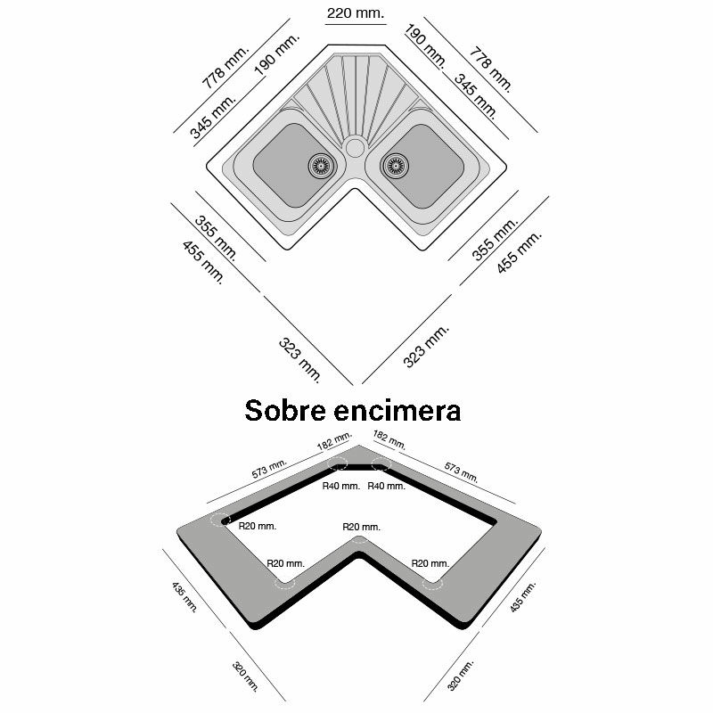 Fregadero angular Poalgi Agata 102 – Sobre encimera, Roc Stone® antibacteriano, 2 cubetas