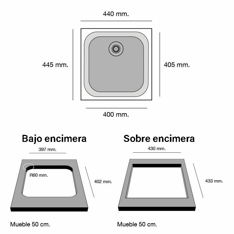 Fregadero 1 seno Poalgi Essenzial 40 – Sobre encimera, Negro, Resina antibacteriana