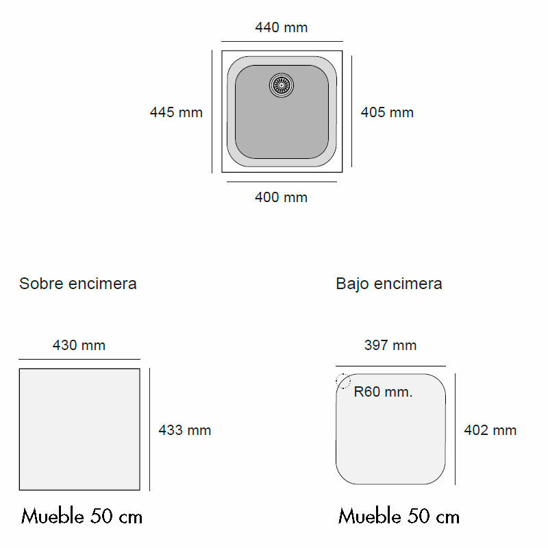 Fregadero 1 cubeta Poalgi Gandia 40 (PU193T) – Granito Hekla, Pumice Beige, Sobre/Bajo encimera