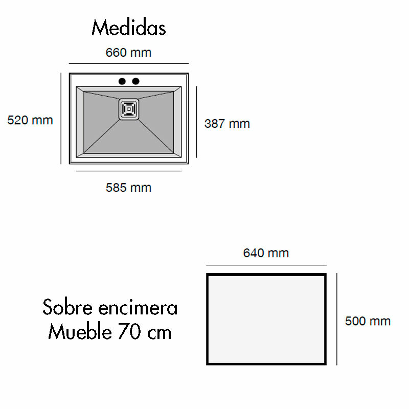 Fregadero 1 cubeta Poalgi Kobus 822 Alto – Sobre encimera, Cubeta 22,5 cm, Acabado Basalt negro