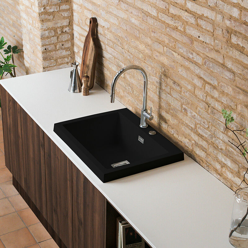 Fregadero 1 cubeta Poalgi Kobus 822 Alto – Sobre encimera, Cubeta 22,5 cm, Acabado Basalt negro