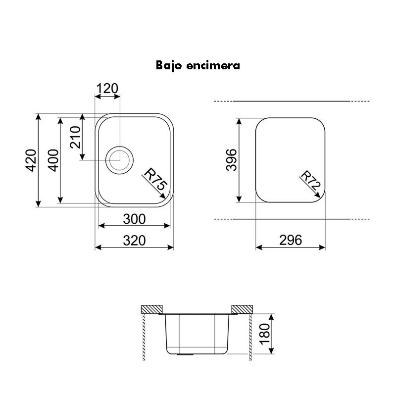 Fregadero bajo encimera Smeg UM30 – Inox cepillado, 1 cubeta 300×400×180 mm, 0,6 mm espesor