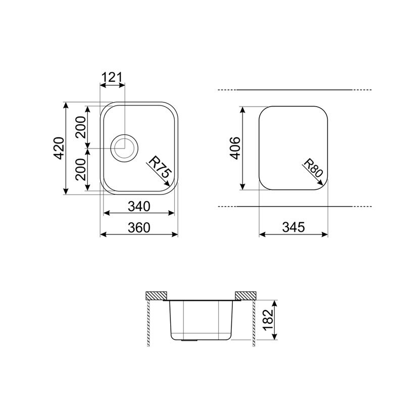 Fregadero bajo encimera Smeg UM34 – Acero inoxidable AISI 304, Cubeta 34x40 cm, Prof. 18 cm