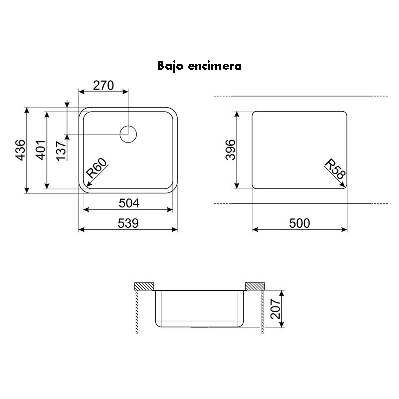 Fregadero bajo encimera Smeg UM50 – Acero inoxidable, Cubeta 50x40x20 cm, Acabado cepillado