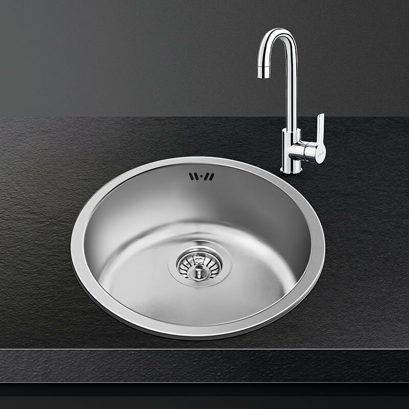 Fregadero de cocina Smeg VFU43SFR – Bajo encimera integrado, Acero inoxidable cepillado, Monocuba redonda 20 cm