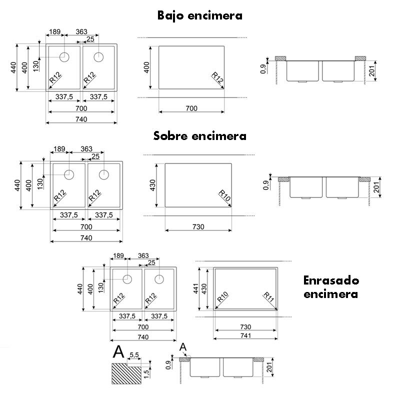 Fregadero Smeg VR12S3434 – Doble cubeta, AISI 304 cepillado, Filotop/encastrado 74 cm