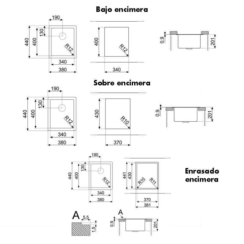 Fregadero Smeg VR12S34 – Enrasado/encastrado, Inox AISI 304 cepillado, 20 cm profundidad