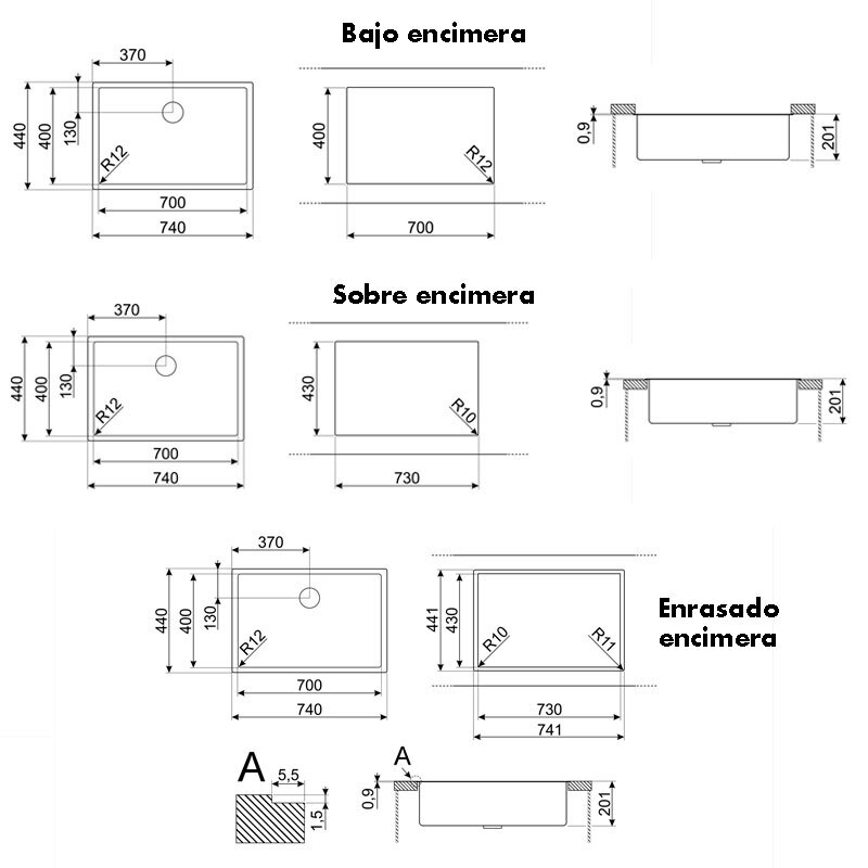 Fregadero de cocina Smeg VR12S70 – Enrasado/encastrado, 1 cubeta 700 x 400 mm, Acero inoxidable cepillado