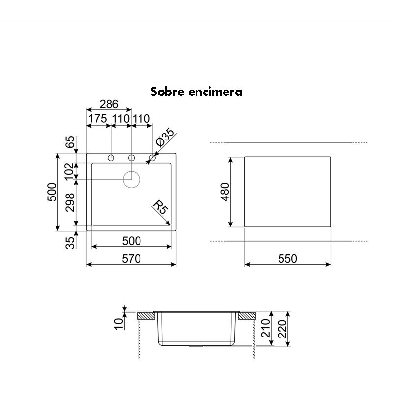 Fregadero de granito Smeg VZ57N – Enrasado, Negro texturizado, Cubeta profunda 21 cm