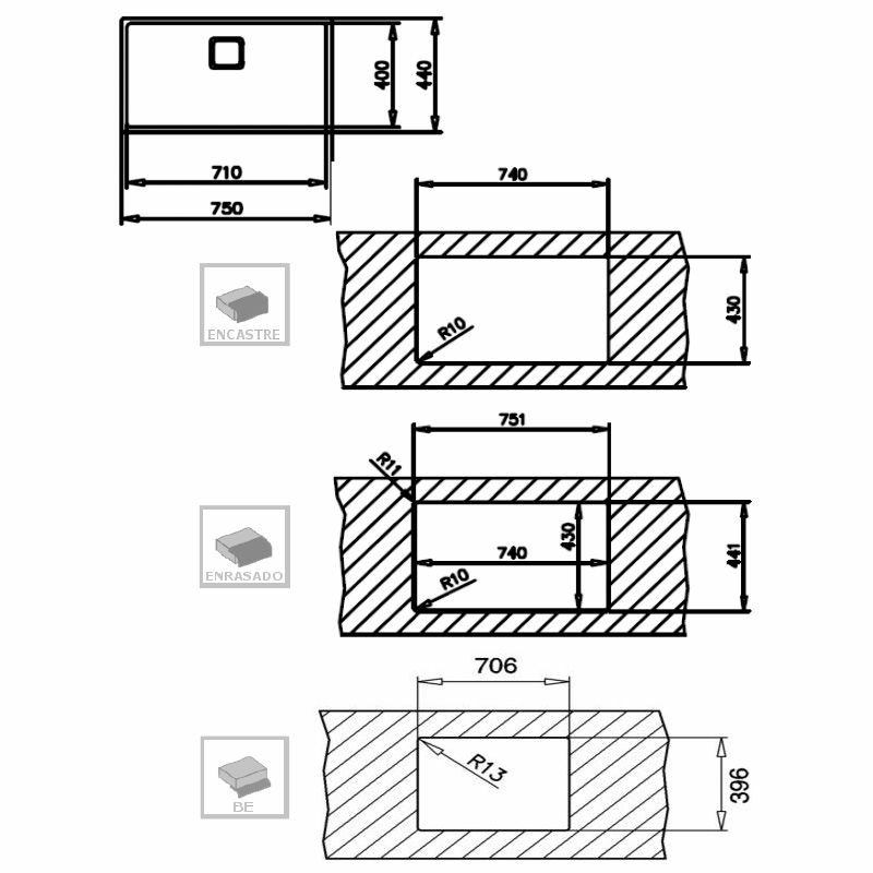 Fregadero 1 cubeta Teka FlexLinea RS15 71.40 – Acero inox satinado, Prof. 20 cm, Instalación triple