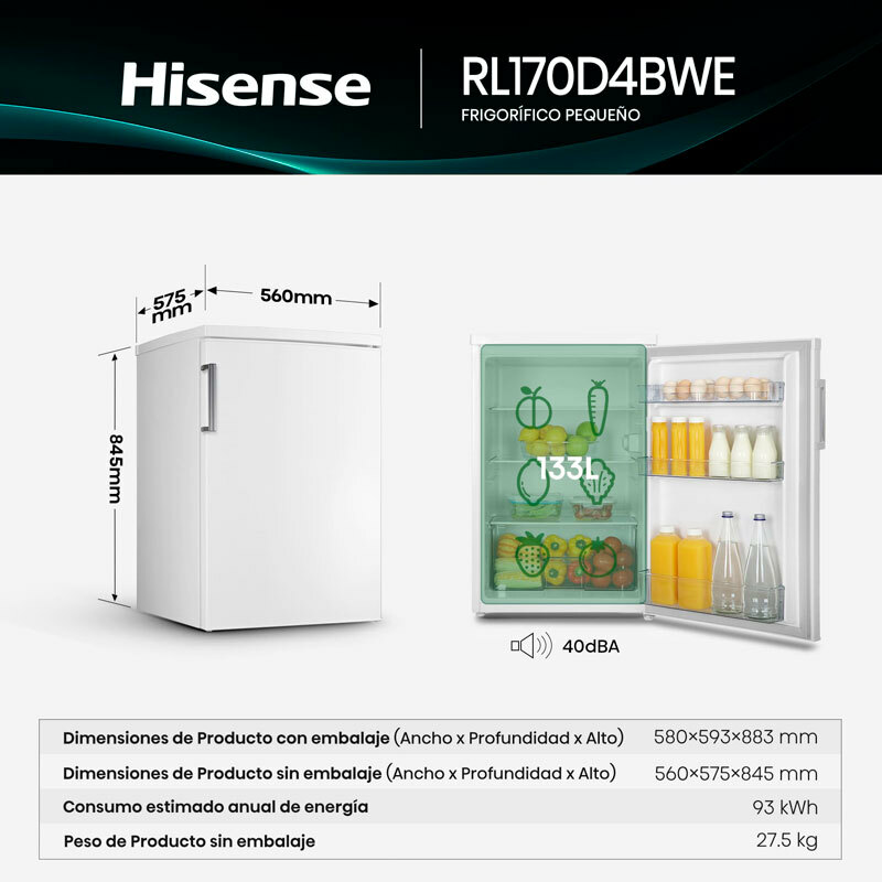 Frigorífico 1 puerta Hisense RL170D4BWE – 133 L, Libre instalación, Puerta reversible