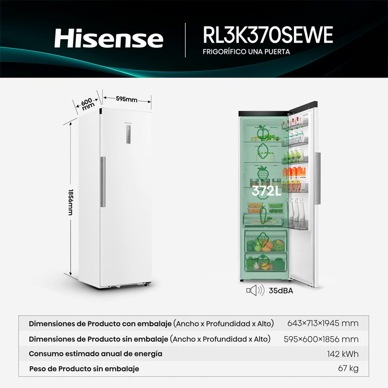 Frigorífico 1 puerta Hisense RL3K370SEWE – 372 L, Total No Frost, Conectividad Wi‑Fi