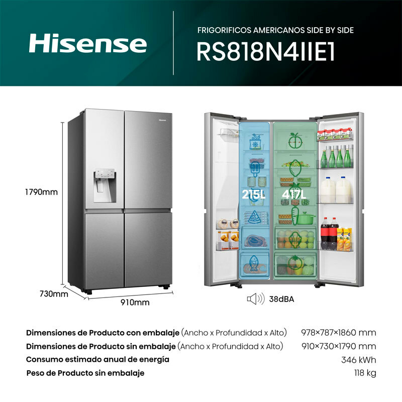 Frigorífico americano Hisense RS818N4IIE1 – 632 L, Total No Frost, Dispensador agua y hielo