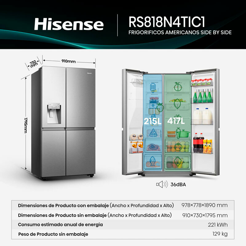 Frigorífico americano Hisense RS818N4TIC1 – 632 L, Total No Frost, Dispensador agua y hielo