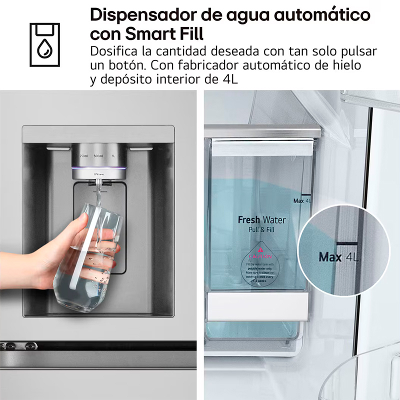 Frigorífico americano LG GMF961PY3E – 645 L, Inox antihuellas, dispensador de agua y hielo