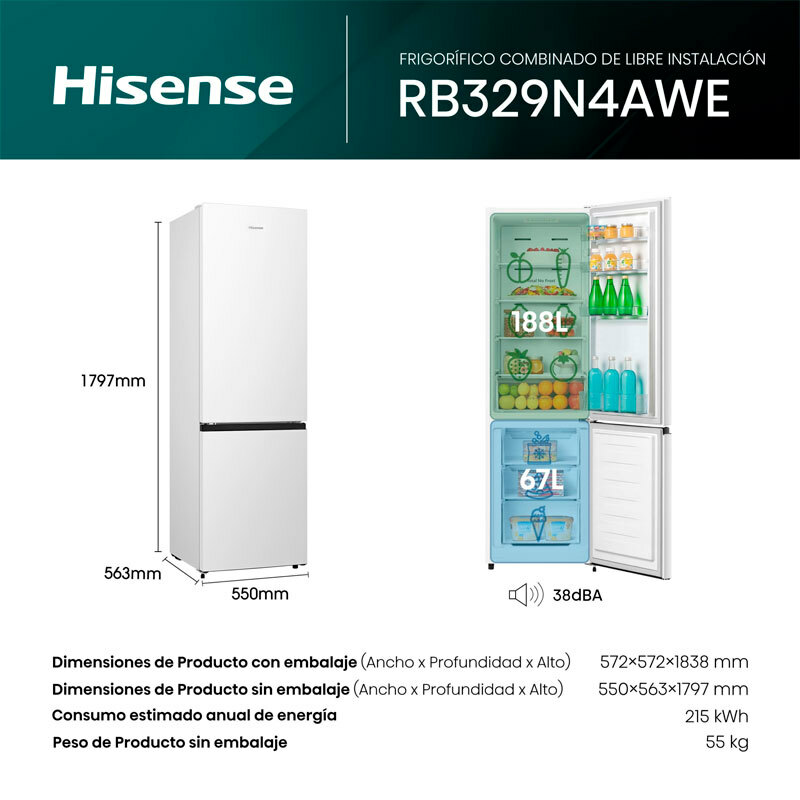 Frigorífico combi Hisense RB329N4AWE – 255 L, Total No Frost, Puerta reversible