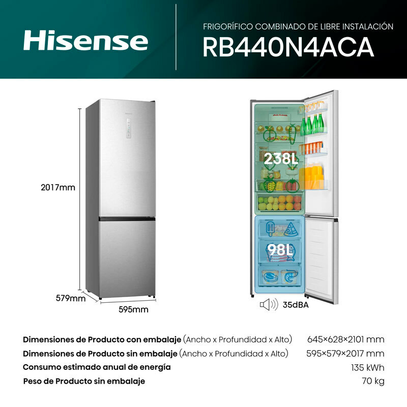 Frigorífico combi Hisense RB440N4ACA – 336 L, Total No Frost, Clase A