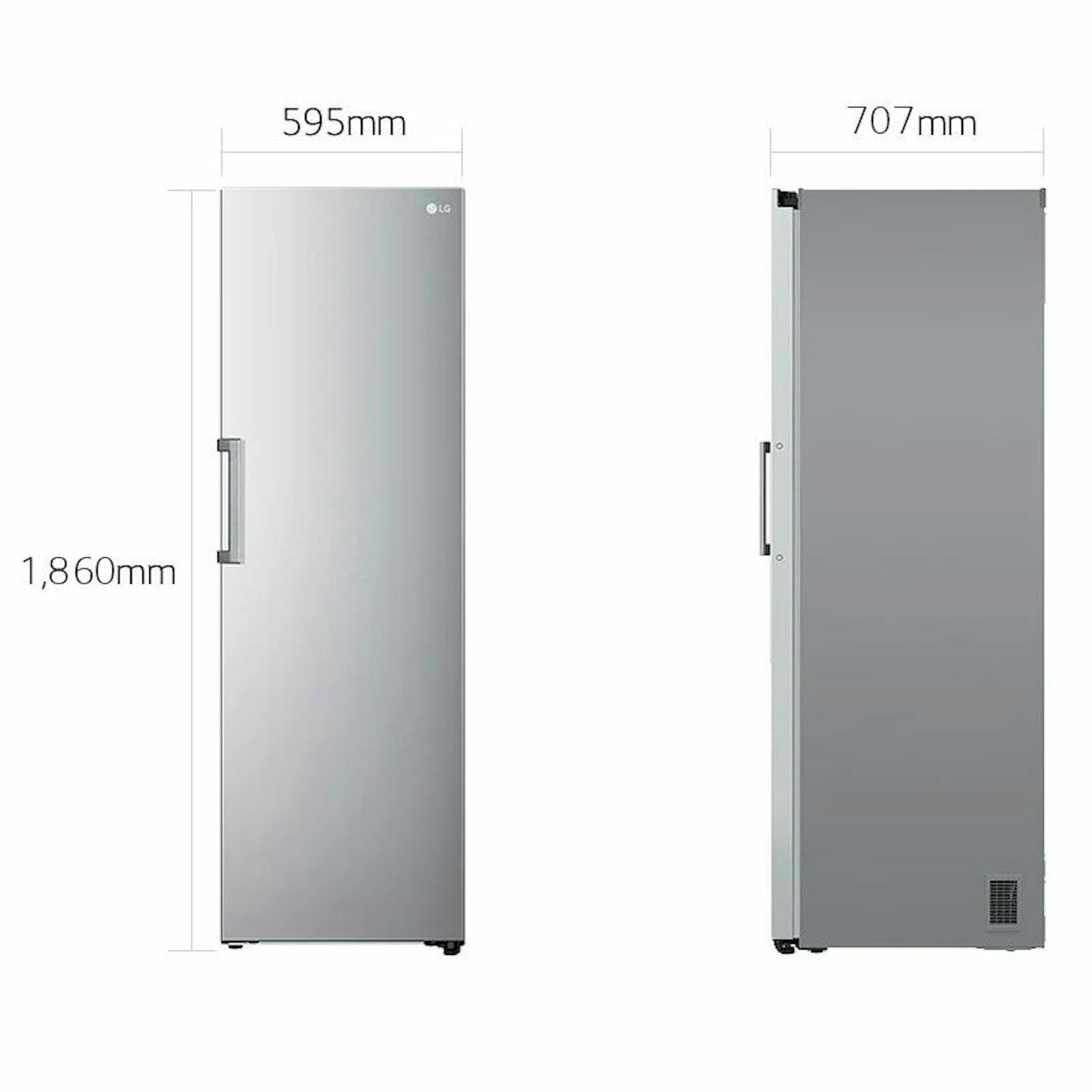 Frigorífico LG GLT51PZGSZ en inox, vistas frontal y lateral con medidas