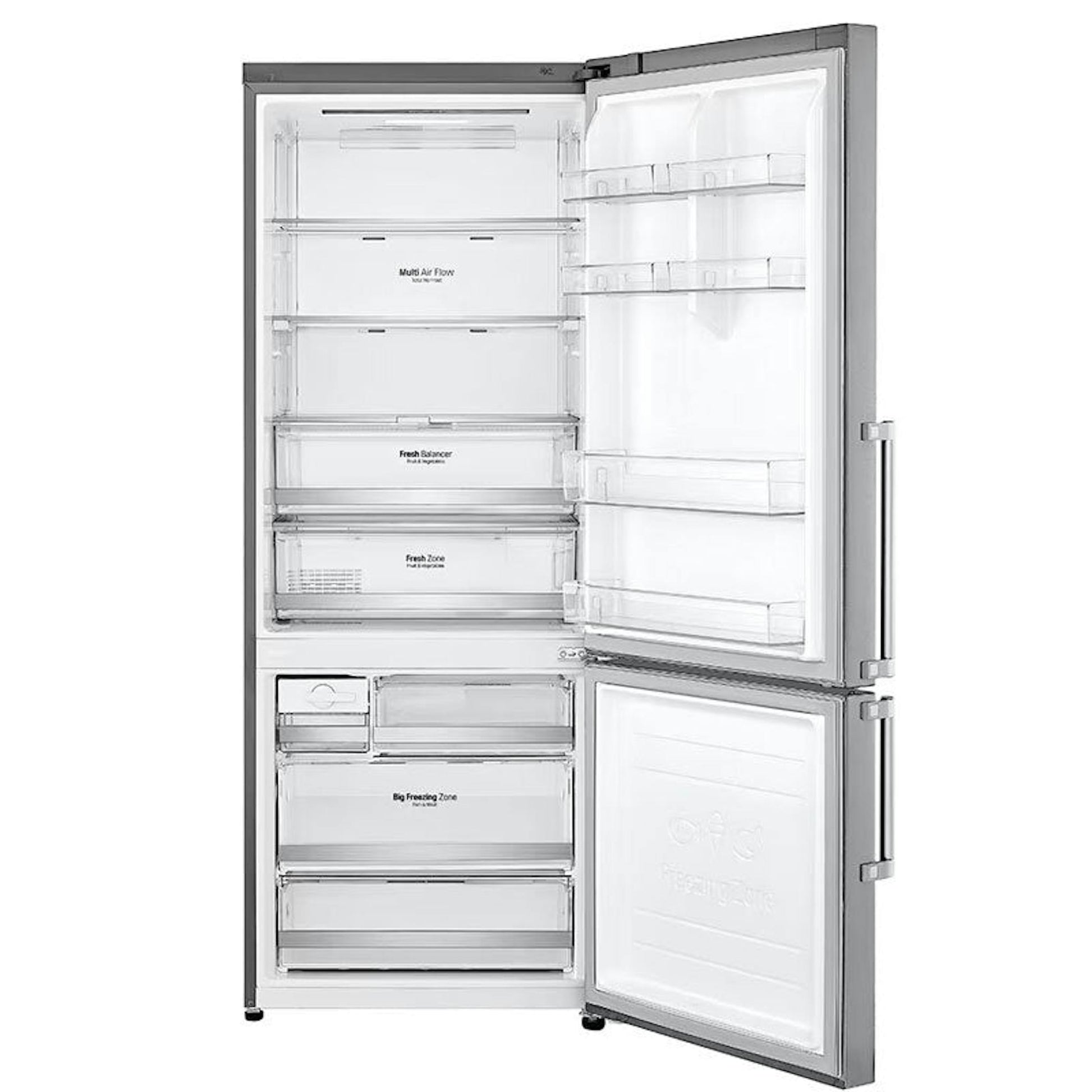 Frigorífico combi LG GBB569NSAFB inox con puertas abiertas