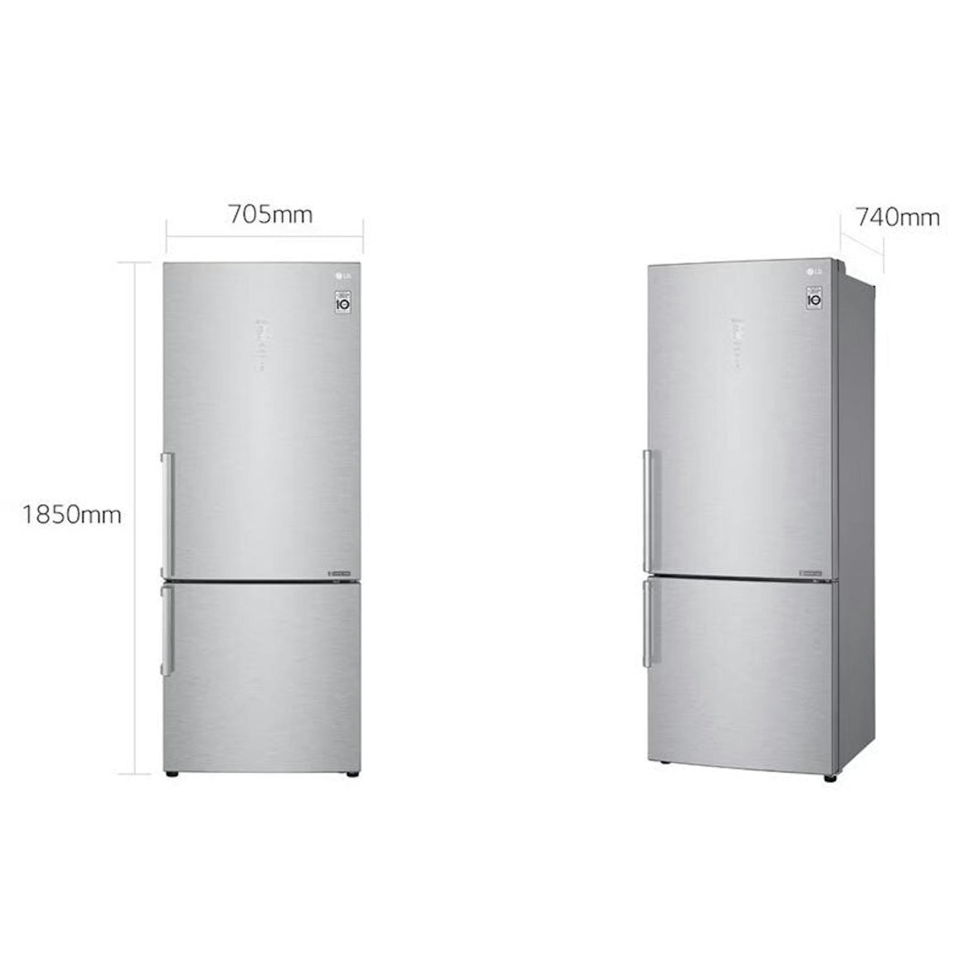 Frigorífico combi LG GBB569NSAFB inox en dos vistas con medidas