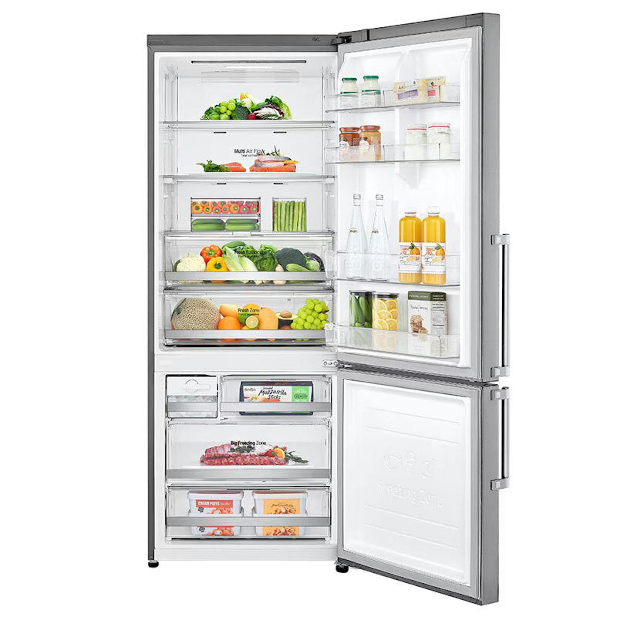 Frigorífico combi LG GBB569NSAFB inox con puertas abiertas