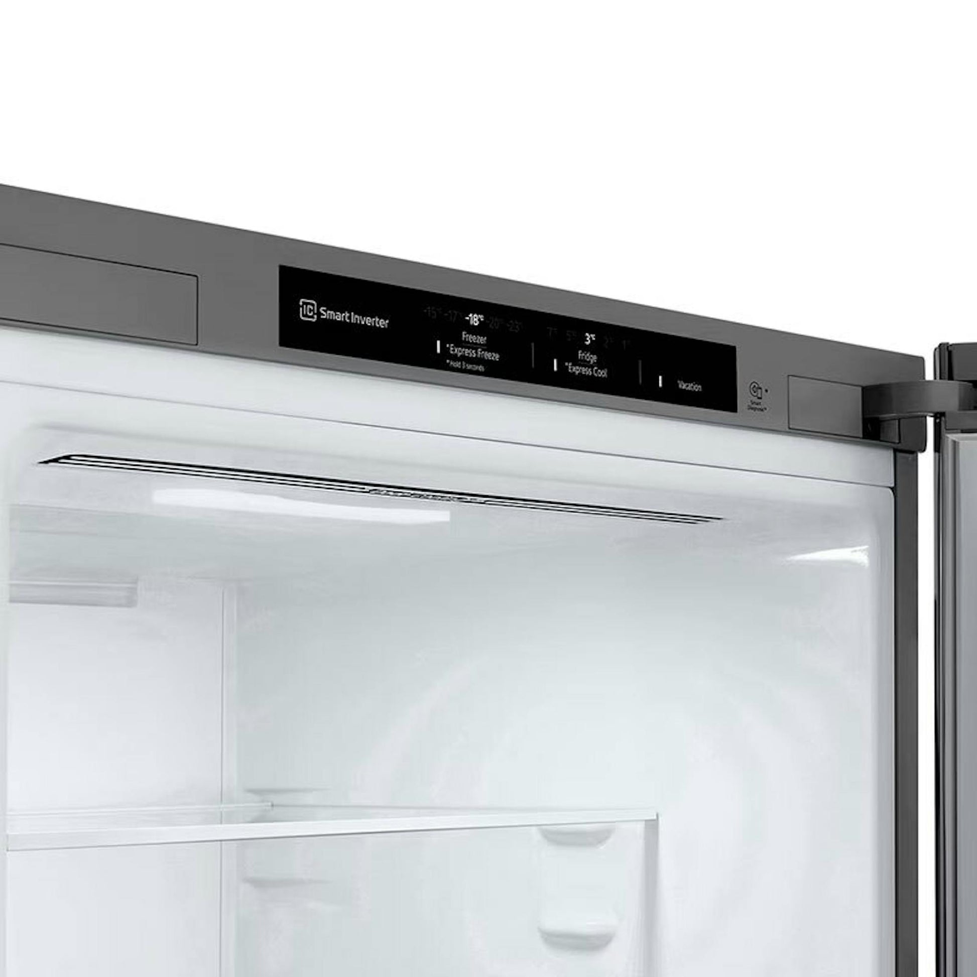 Frigorífico combi LG GBV22NCDPY en inox con la puerta abierta y el interior visible