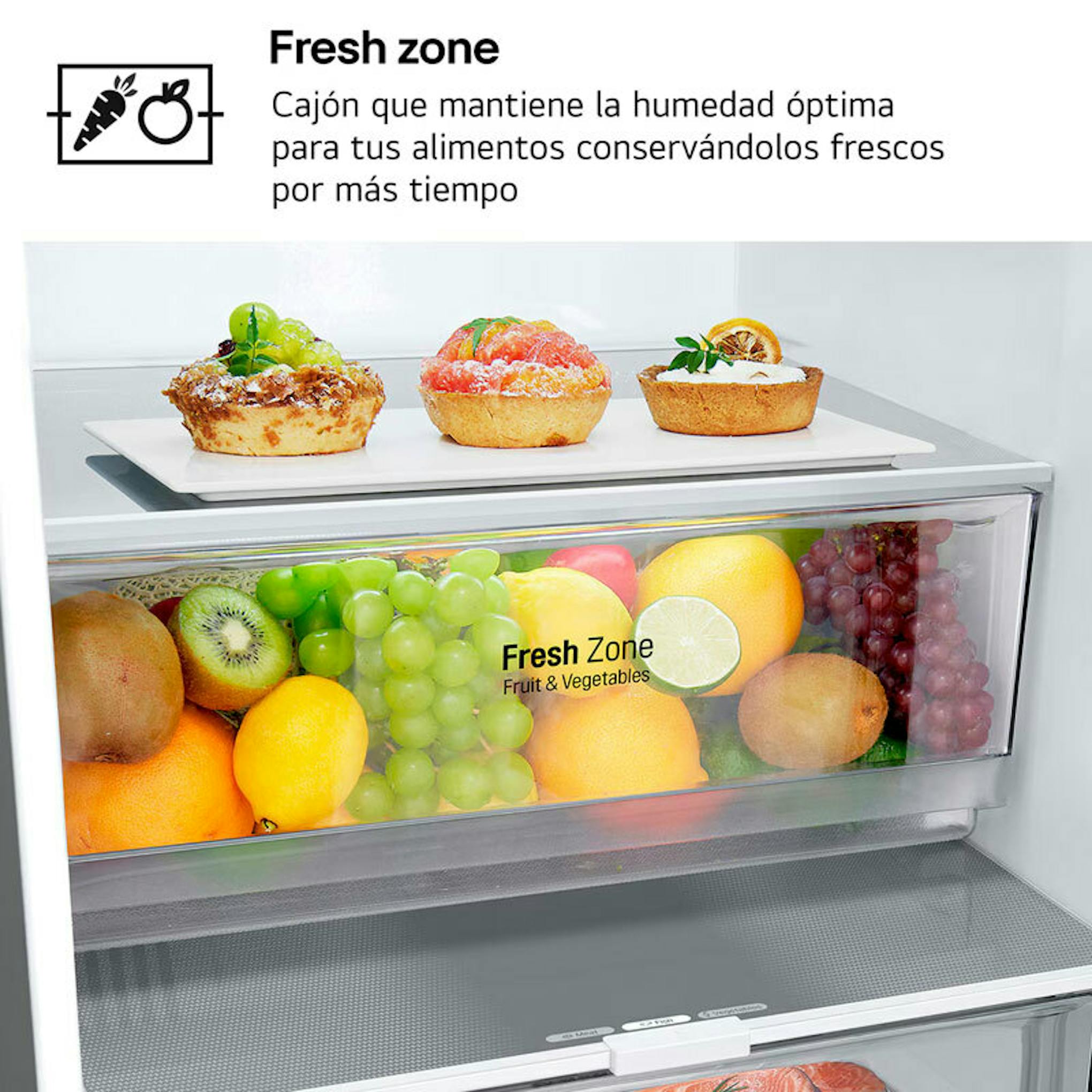 Interior del frigorífico combi LG GBV22NCDPY con cajón Fresh Zone y frutas
