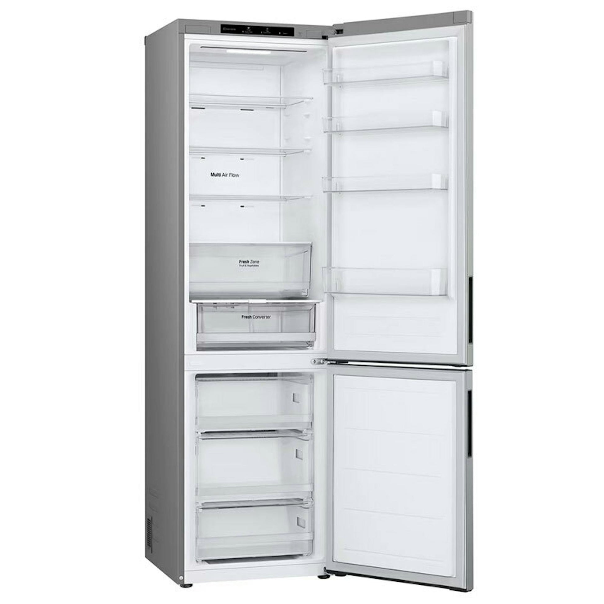 Frigorífico combi LG GBV22NCDPY inox abierto con compartimentos interiores visibles